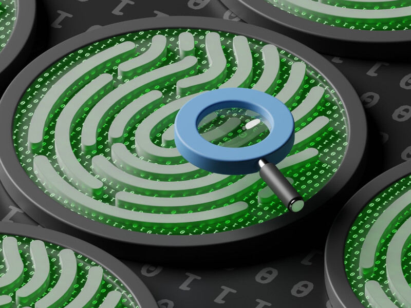cyber risk review, magnifying glass, digital fingerprint