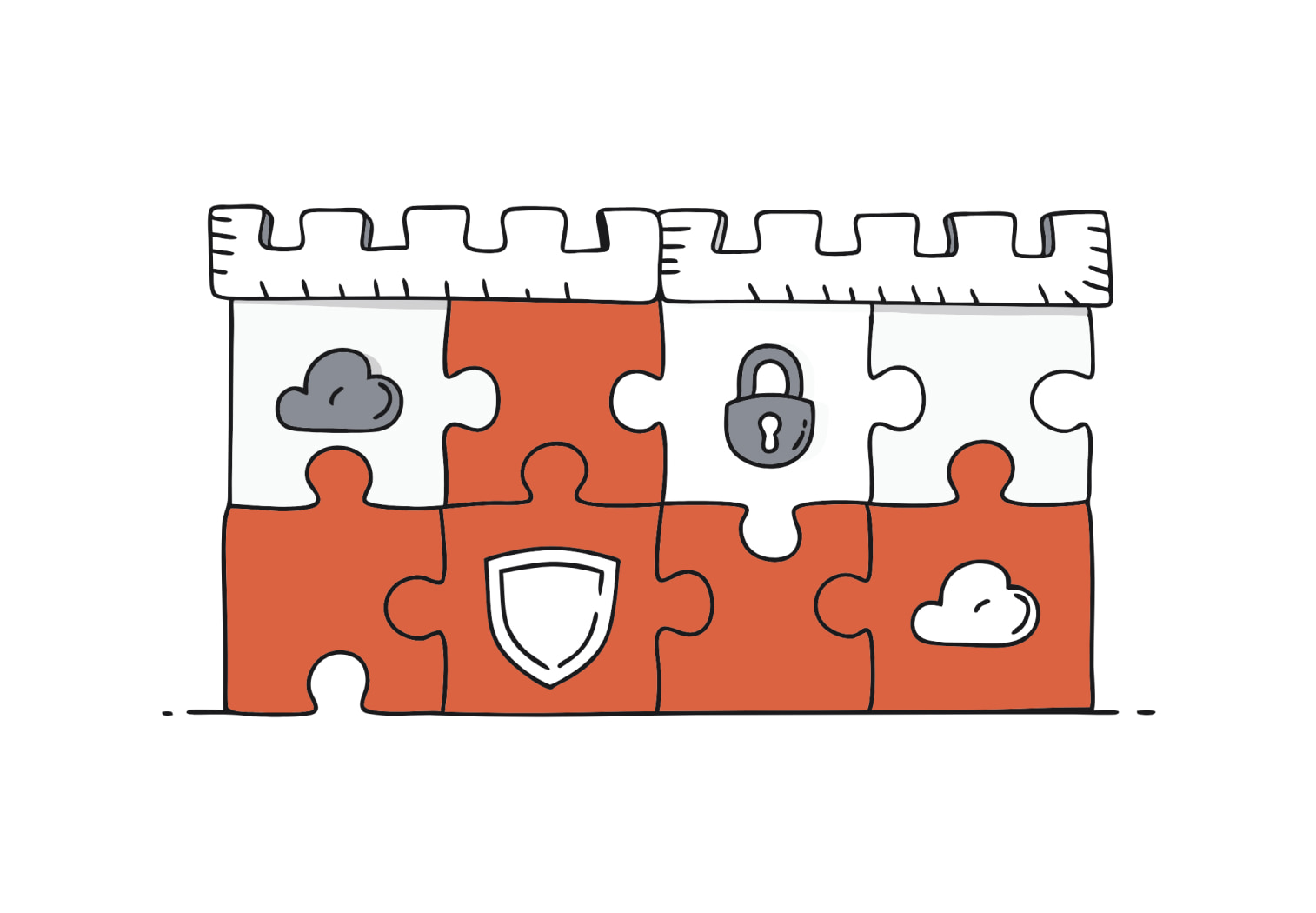 365 security fortress, puzzle pieces with cyber security icons combining to make a fortress wall