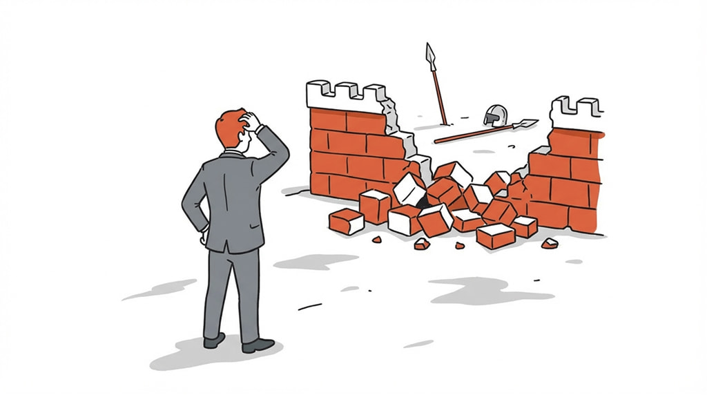 Zero Trust Architecture: Beyond the Old Castle Walls 4 illustration businessman scratches head as the traditional firewall lays in pieces before him.