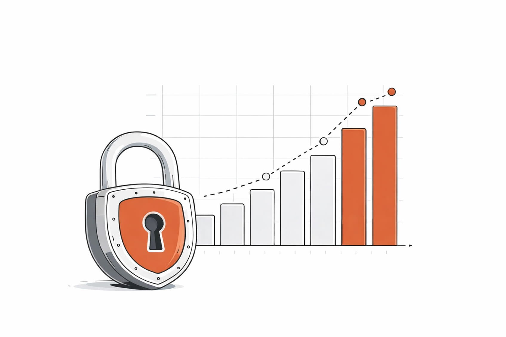 cyber security data analytics illustration, padlock sitting next to data analytics graph