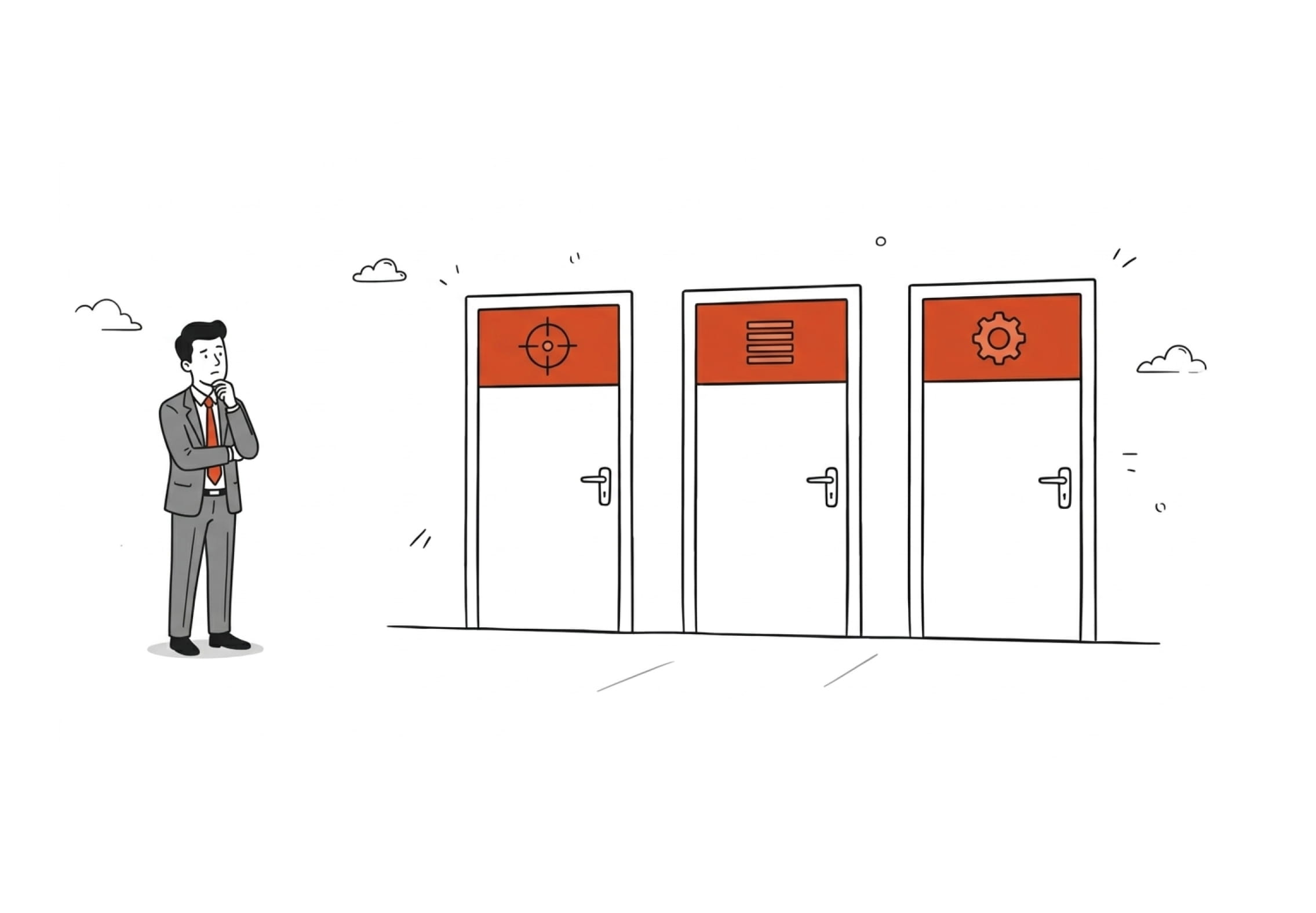 illustration of a businessman standing before 3 doors marked xdr / siem / soar