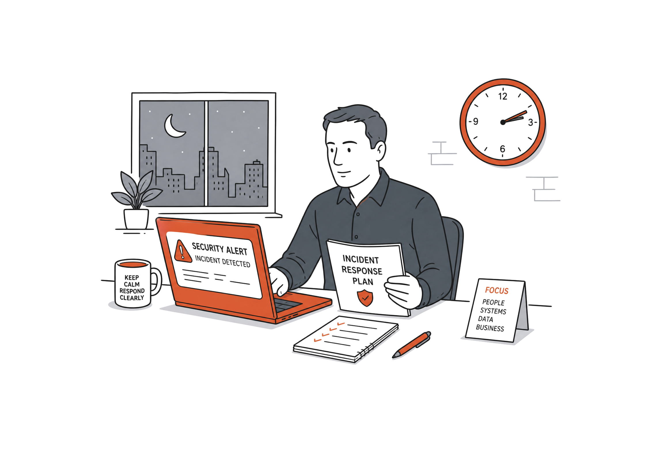 Illustration of an IT manager responding to a 2am security alert with an incident response plan document in hand