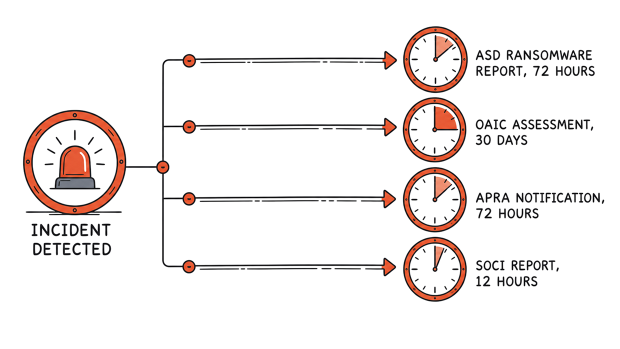 Cyber Incident Response Plan Template Australia (2026) 2 Diagram of the four Australian notification clocks that can start when a cyber incident is detected: ASD ransomware payment report in 72 hours, OAIC assessment in 30 days, APRA notification in 72 hours and SOCI report in 12 hours