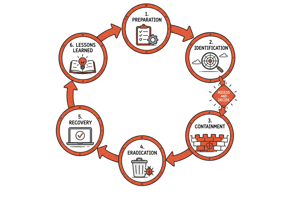 Cyber Incident Response Plan Template Australia (2026) 3 Six-phase incident response cycle diagram: Preparation, Identification, Containment, Eradication, Recovery and Lessons Learned, with an Assess and Decide gate between Identification and Containment