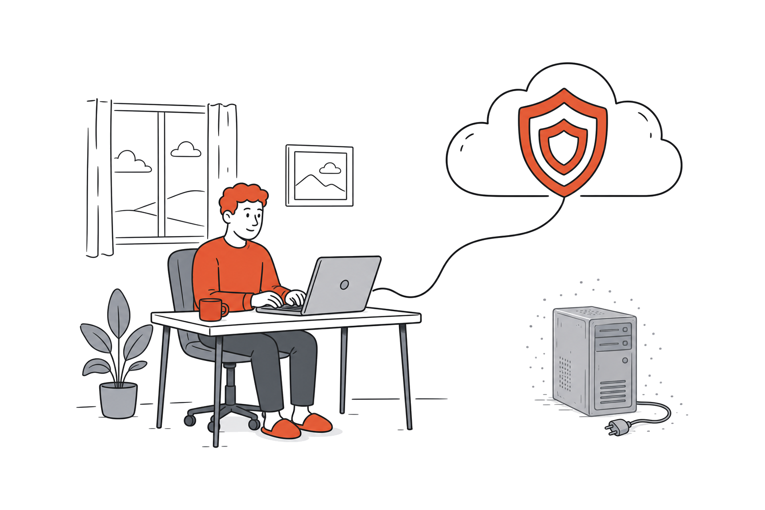 A person working from a laptop at home, connected by a single clean line to a cloud containing nested shield shapes, while an old server box sits unplugged in the background