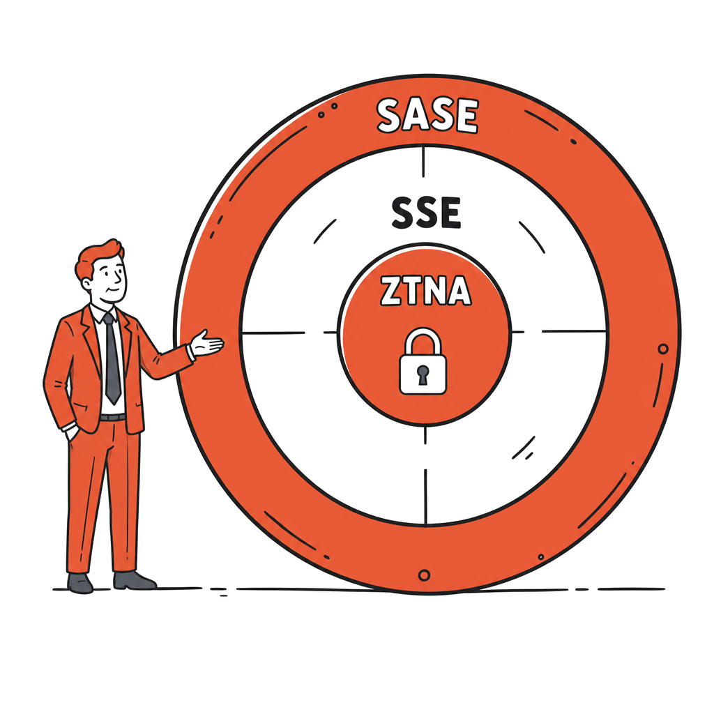 SASE vs ZTNA: Meaning & Which Approach Fits Your Business 2 Concentric circles labelled from the inside out: ZTNA, then SSE, then SASE, with a one-line descriptor on each ring