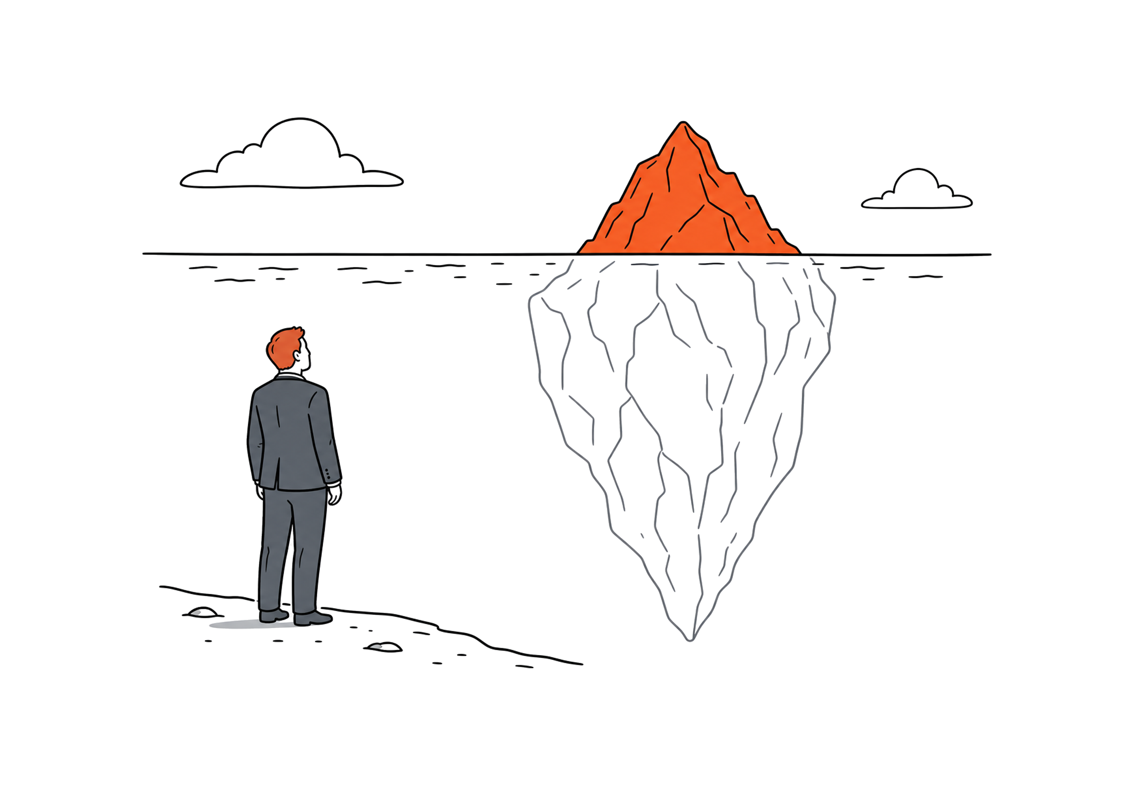 Line illustration of a businessman looking at an iceberg with only its orange tip above the waterline, showing that a vCISO retainer is the visible part of a much larger Australian cyber security budget