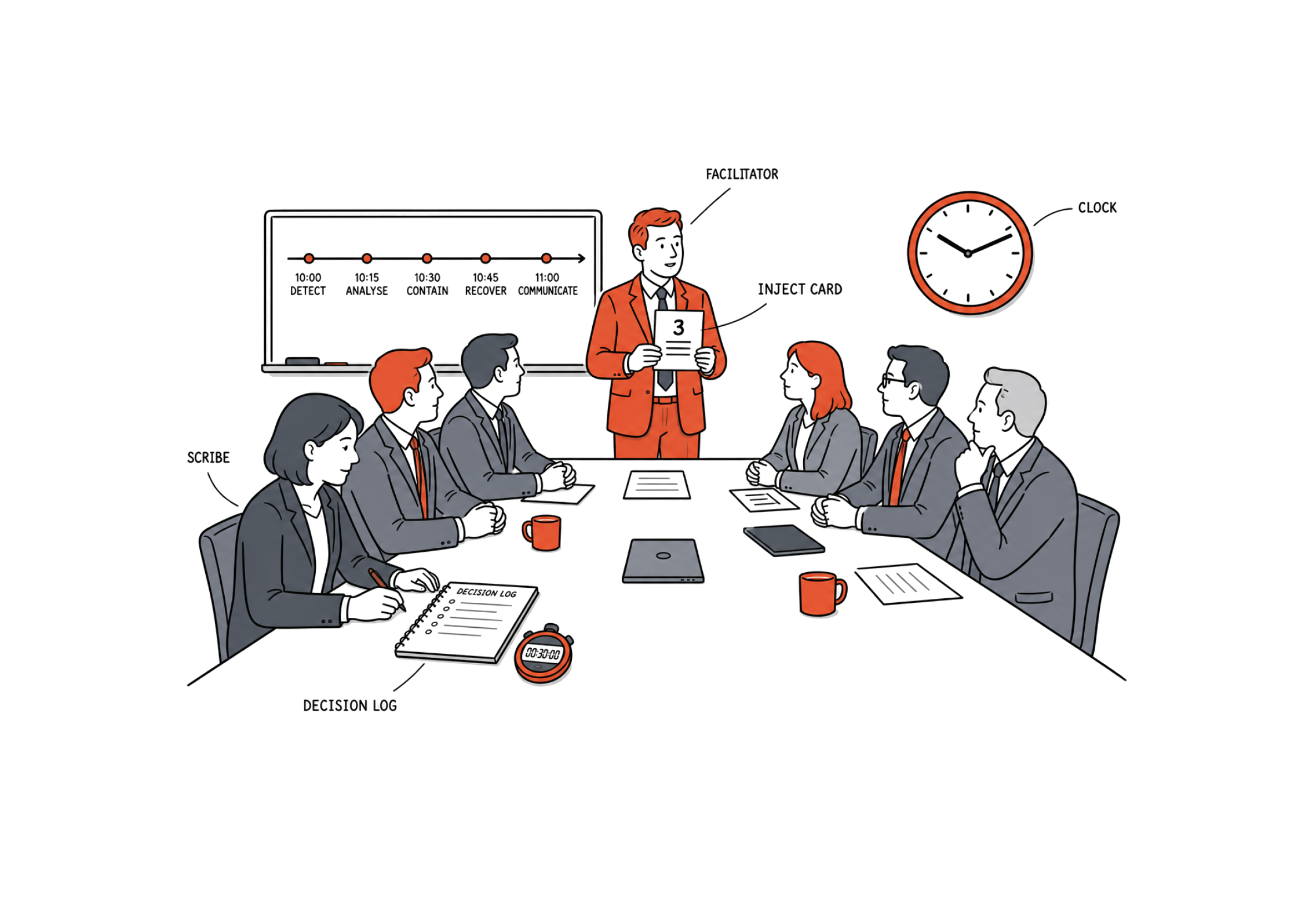 Illustration of an executive tabletop exercise: a facilitator holds inject card 3 while a scribe fills in the decision log, with a response timeline on the whiteboard and a clock on the wall