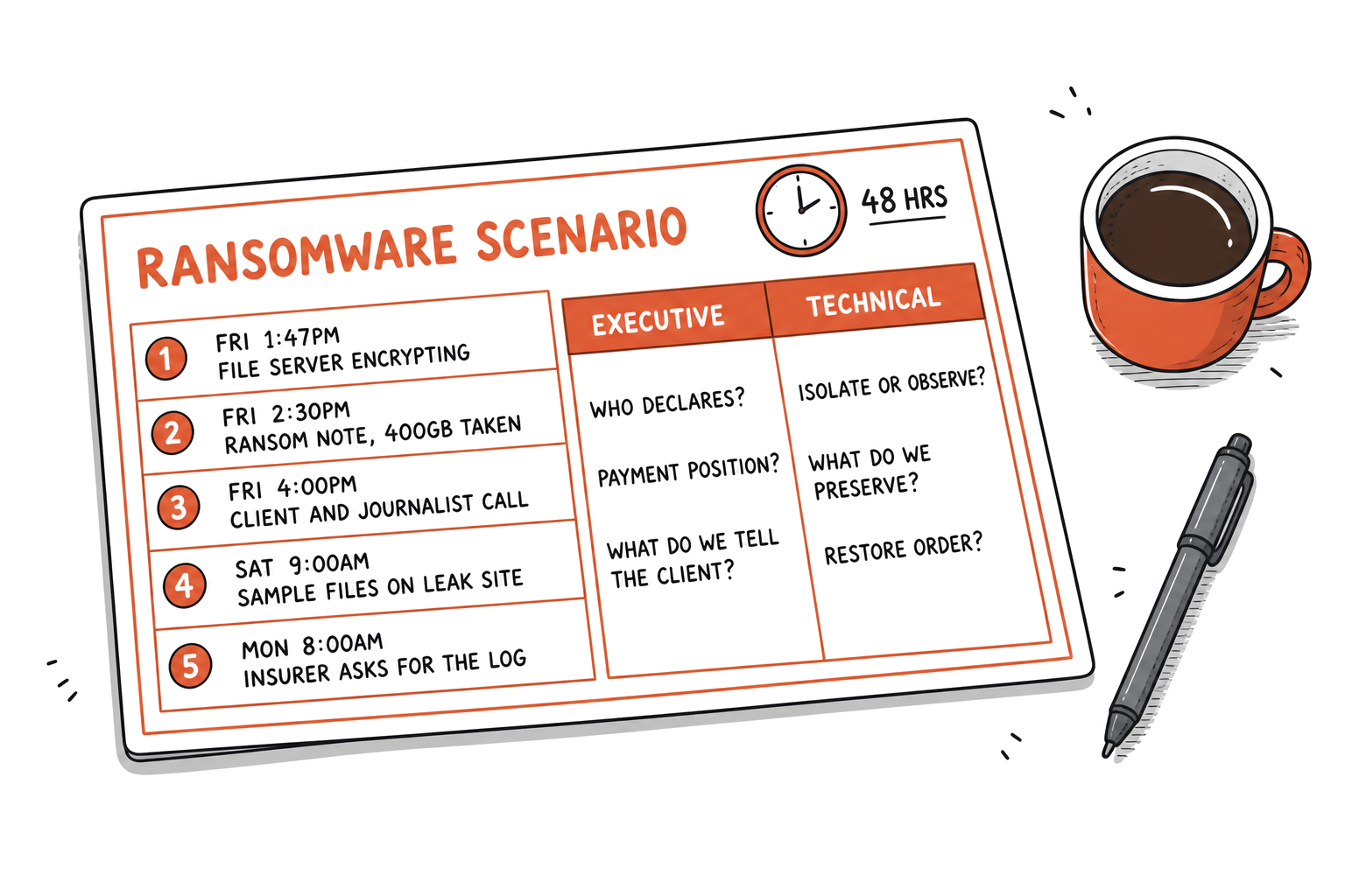 Cyber Incident Tabletop Exercises That Improve Response Time 5 Illustration of a ransomware scenario card on a desk listing five timed injects with executive and technical questions, beside a coffee cup and a pen